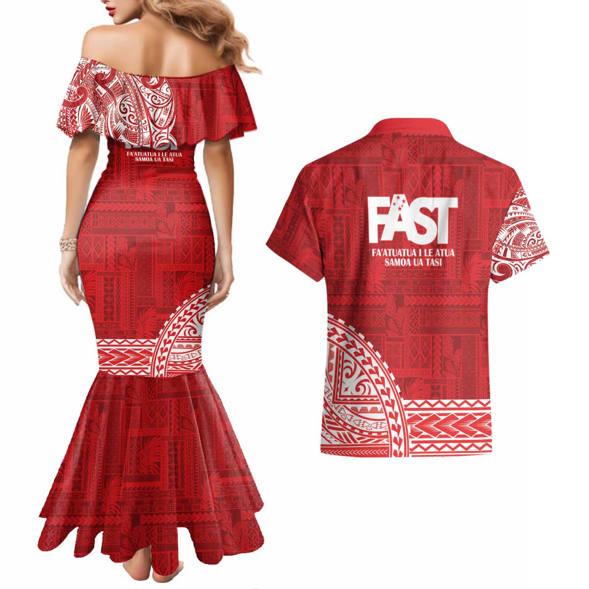 Samoa FAST Couples Matching Mermaid Dress and Hawaiian Shirt Samoan Motif Patterns - Polynesian Pride