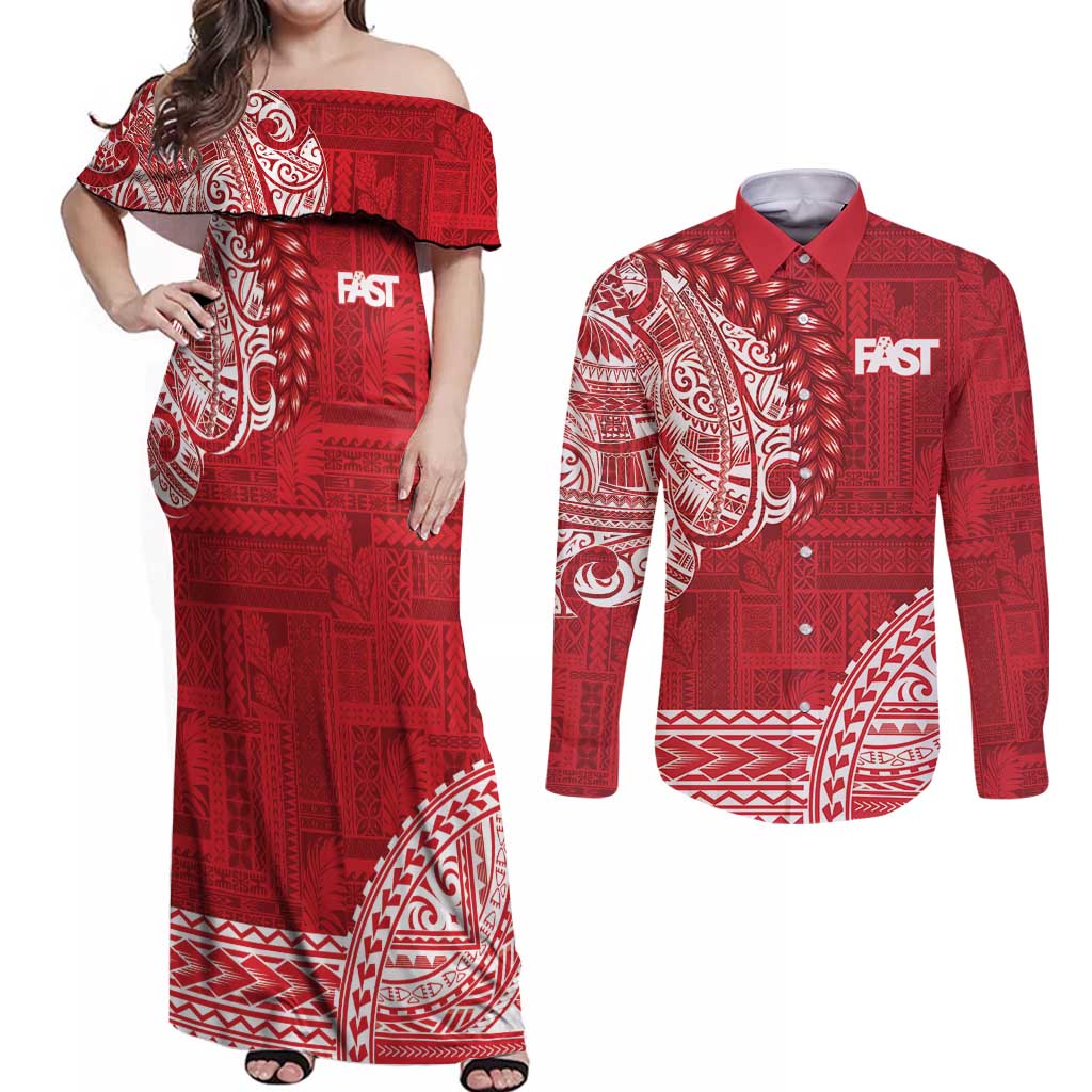 Samoa FAST Couples Matching Off Shoulder Maxi Dress and Long Sleeve Button Shirt Samoan Motif Patterns - Polynesian Pride
