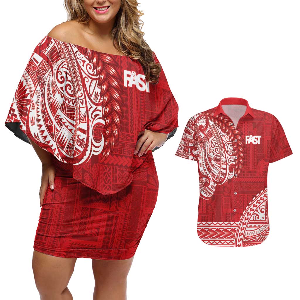 Samoa FAST Couples Matching Off Shoulder Short Dress and Hawaiian Shirt Samoan Motif Patterns - Polynesian Pride