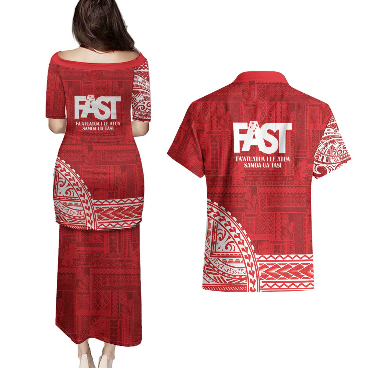 Samoa FAST Couples Matching Puletasi and Hawaiian Shirt Samoan Motif Patterns - Polynesian Pride
