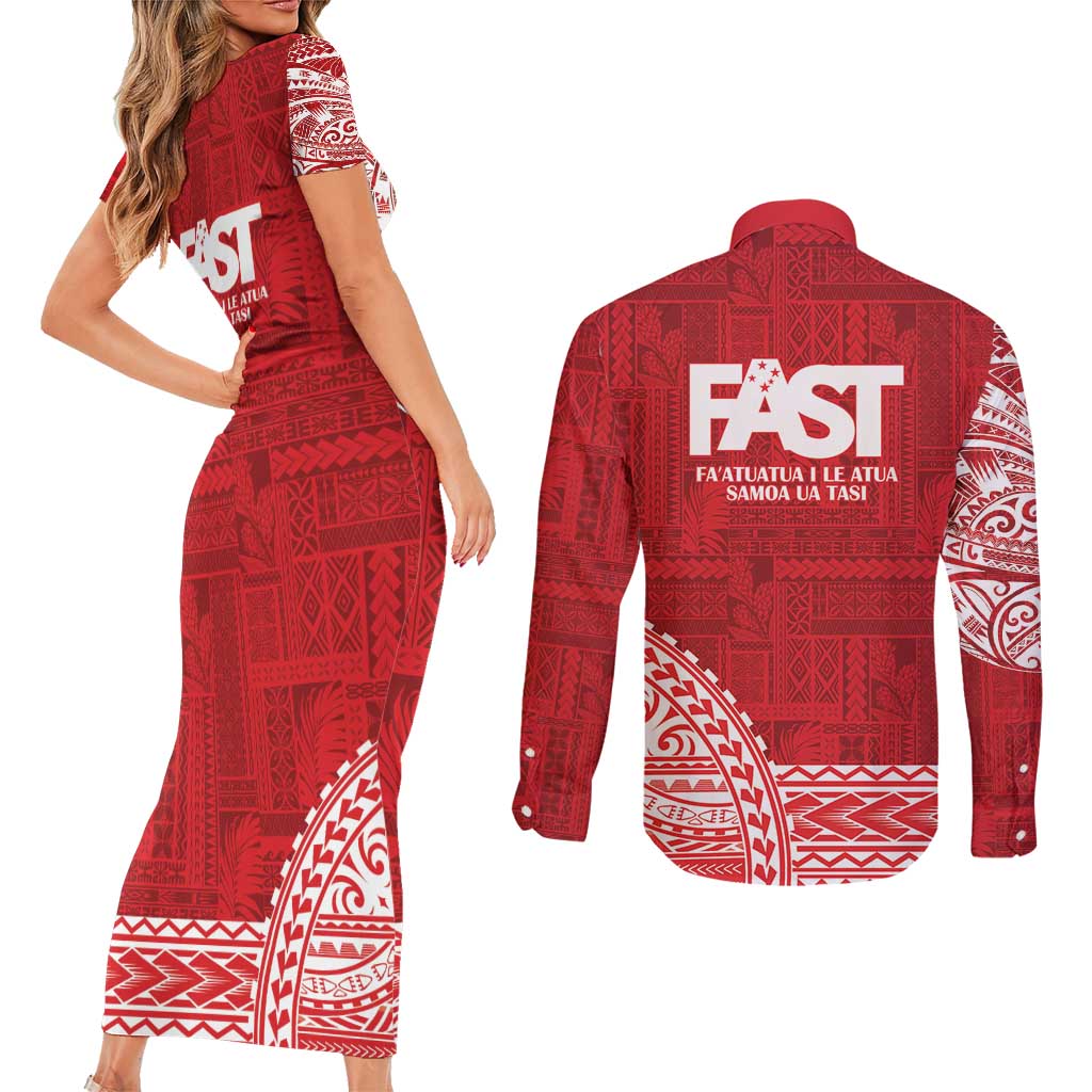 Samoa FAST Couples Matching Short Sleeve Bodycon Dress and Long Sleeve Button Shirt Samoan Motif Patterns - Polynesian Pride