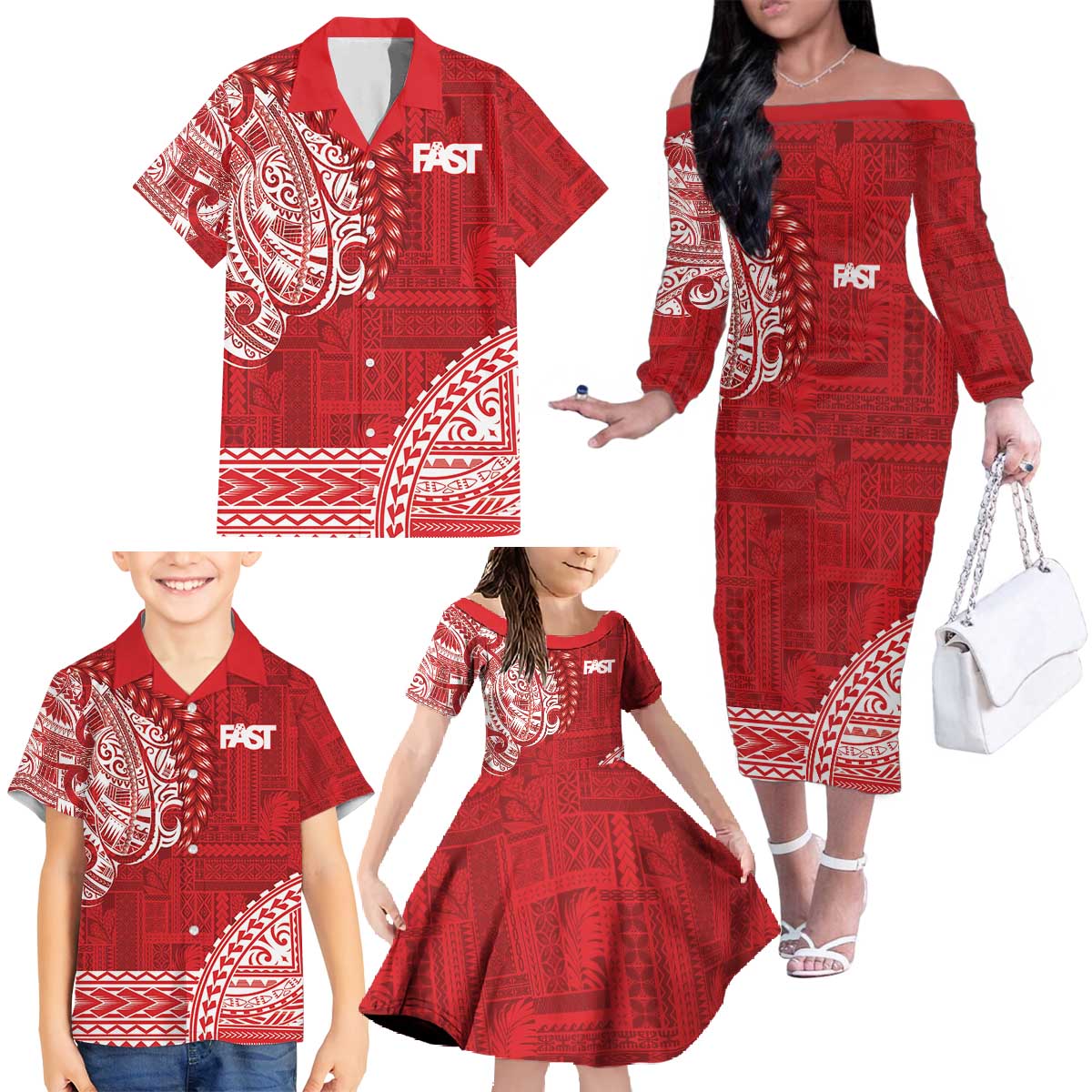 Samoa FAST Family Matching Off The Shoulder Long Sleeve Dress and Hawaiian Shirt Samoan Motif Patterns - Polynesian Pride
