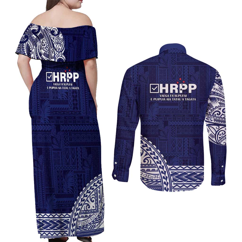 Samoa HRPP Couples Matching Off Shoulder Maxi Dress and Long Sleeve Button Shirt Samoan Motif Patterns - Polynesian Pride