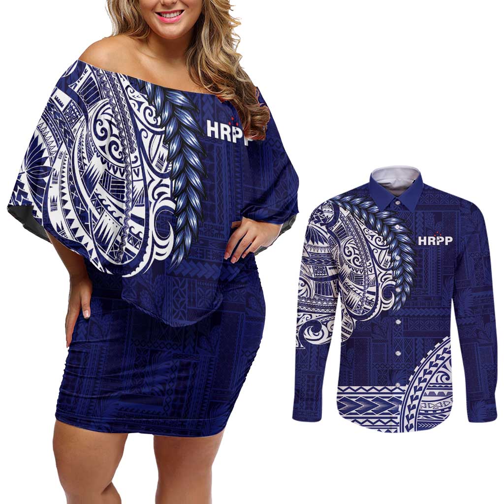 Samoa HRPP Couples Matching Off Shoulder Short Dress and Long Sleeve Button Shirt Samoan Motif Patterns - Polynesian Pride