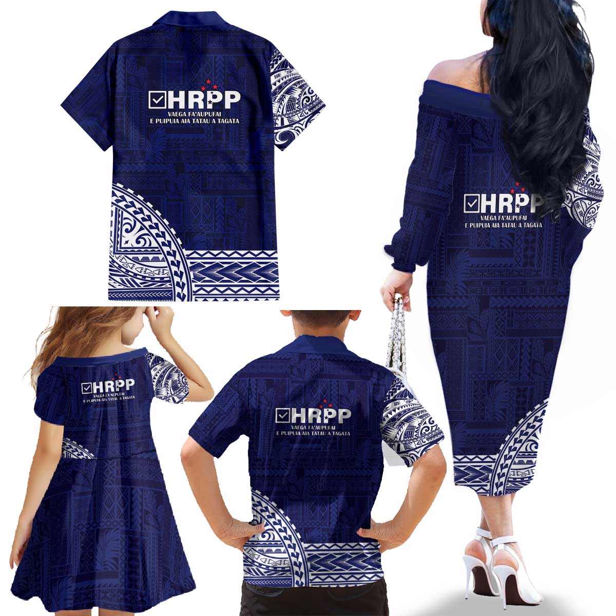 Samoa HRPP Family Matching Off The Shoulder Long Sleeve Dress and Hawaiian Shirt Samoan Motif Patterns - Polynesian Pride