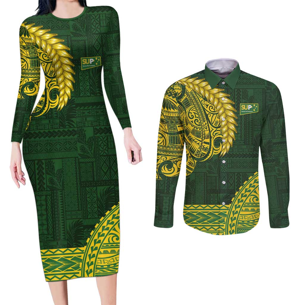 Samoa SUP Couples Matching Long Sleeve Bodycon Dress and Long Sleeve Button Shirt Samoan Motif Patterns - Polynesian Pride