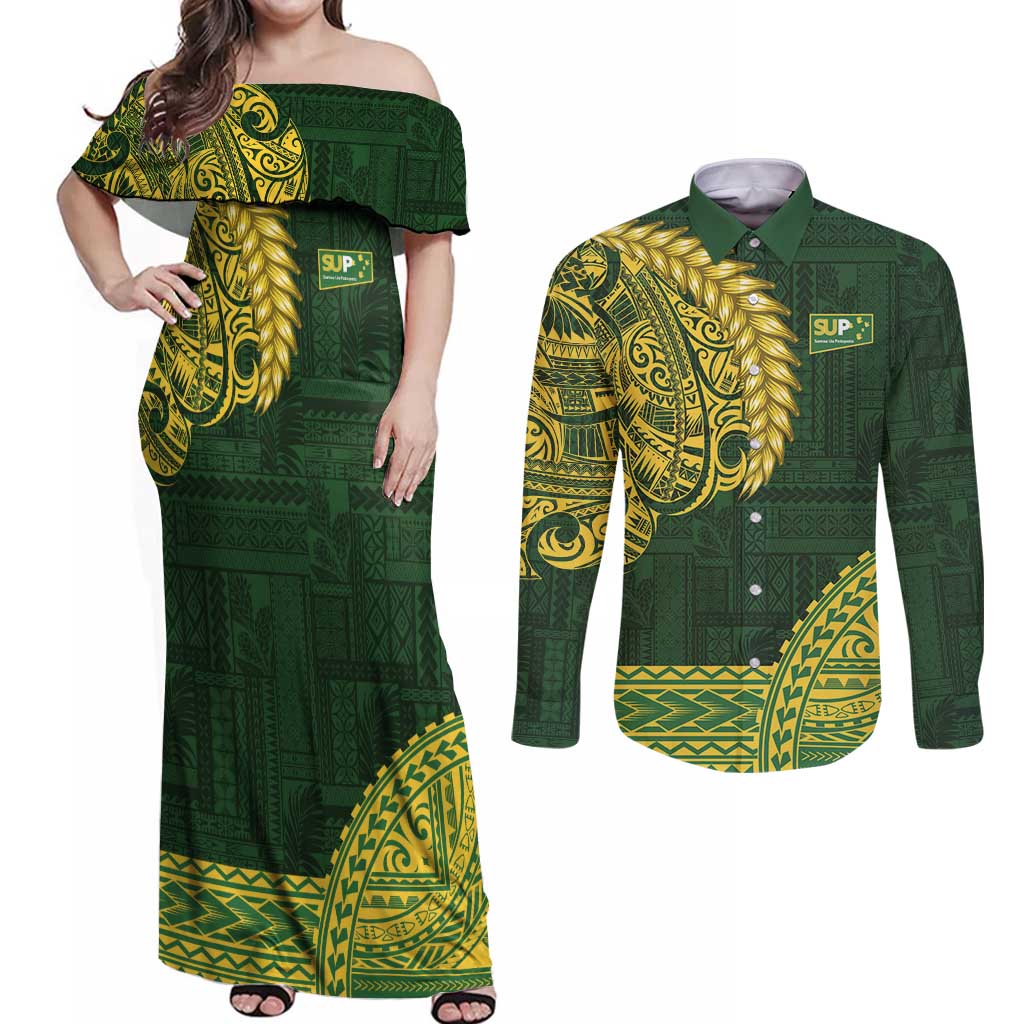 Samoa SUP Couples Matching Off Shoulder Maxi Dress and Long Sleeve Button Shirt Samoan Motif Patterns - Polynesian Pride