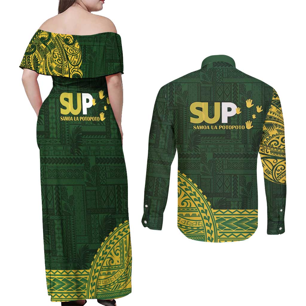 Samoa SUP Couples Matching Off Shoulder Maxi Dress and Long Sleeve Button Shirt Samoan Motif Patterns - Polynesian Pride