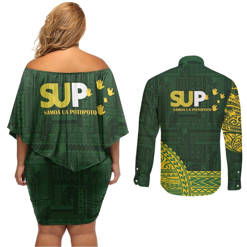 Samoa SUP Couples Matching Off Shoulder Short Dress and Long Sleeve Button Shirt Samoan Motif Patterns - Polynesian Pride