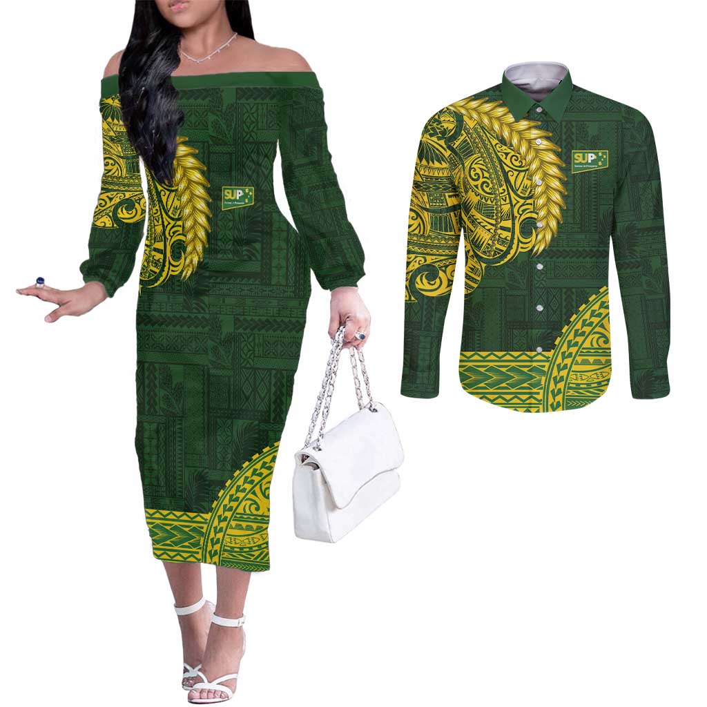 Samoa SUP Couples Matching Off The Shoulder Long Sleeve Dress and Long Sleeve Button Shirt Samoan Motif Patterns - Polynesian Pride