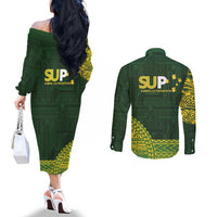 Samoa SUP Couples Matching Off The Shoulder Long Sleeve Dress and Long Sleeve Button Shirt Samoan Motif Patterns - Polynesian Pride