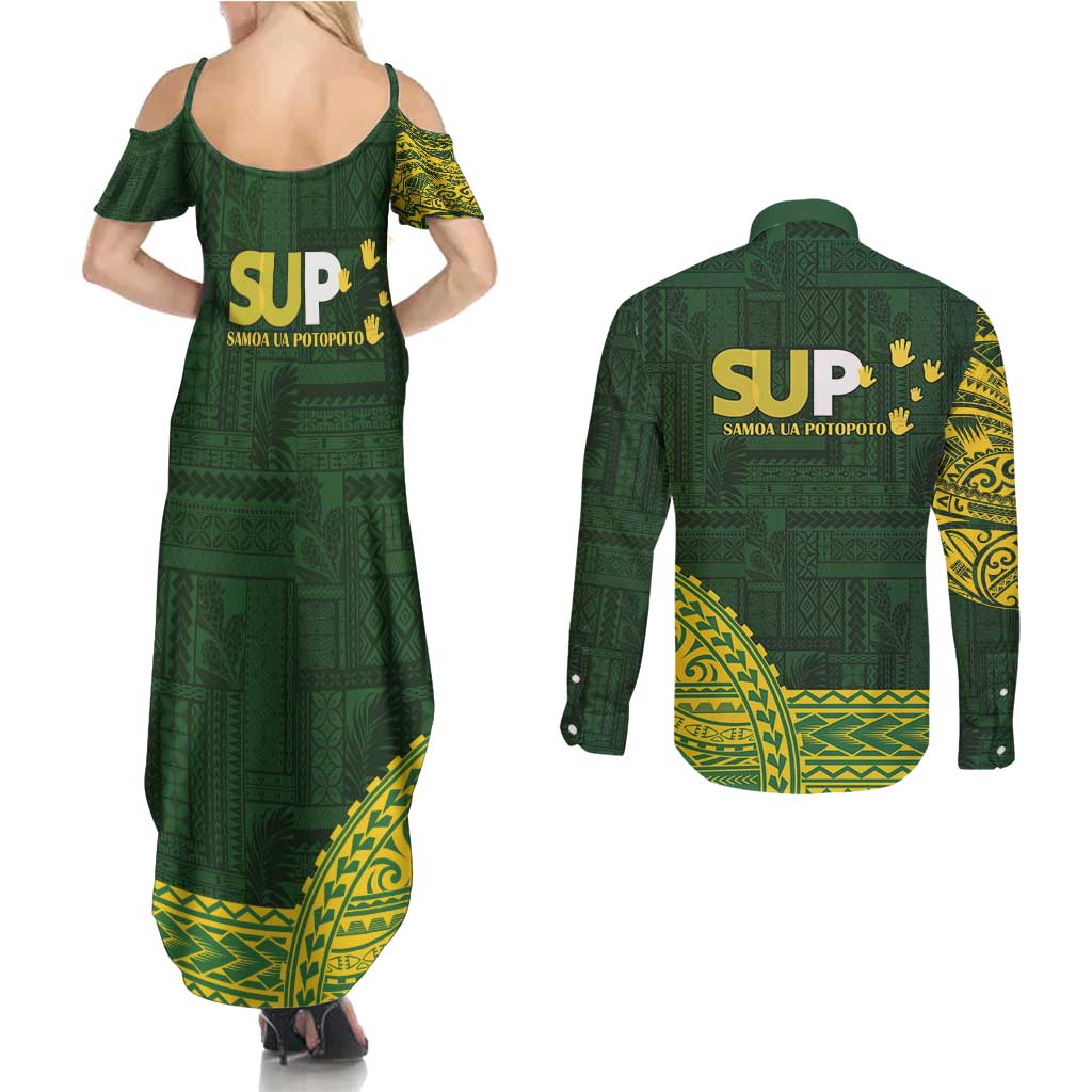 Samoa SUP Couples Matching Summer Maxi Dress and Long Sleeve Button Shirt Samoan Motif Patterns - Polynesian Pride