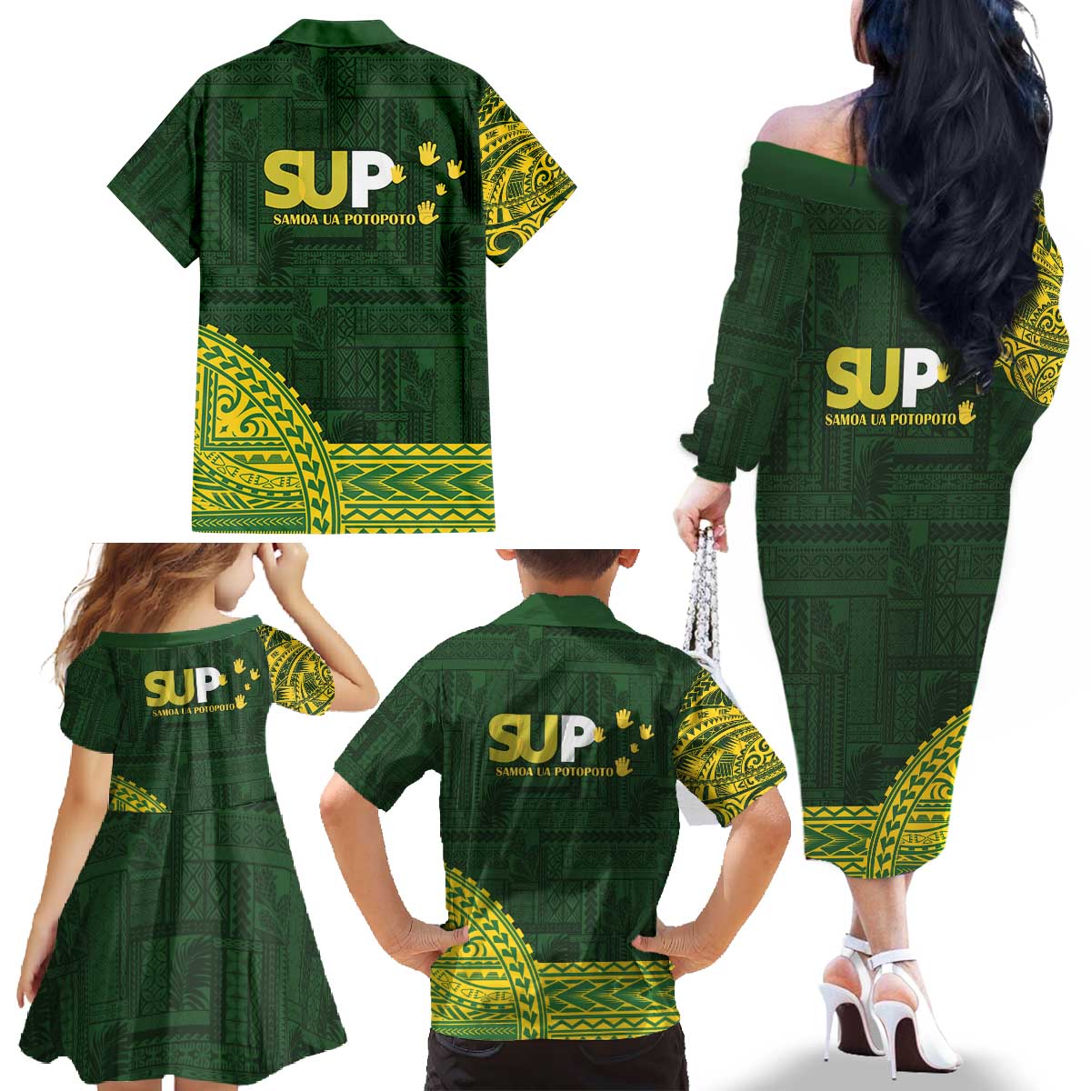 Samoa SUP Family Matching Off The Shoulder Long Sleeve Dress and Hawaiian Shirt Samoan Motif Patterns - Polynesian Pride