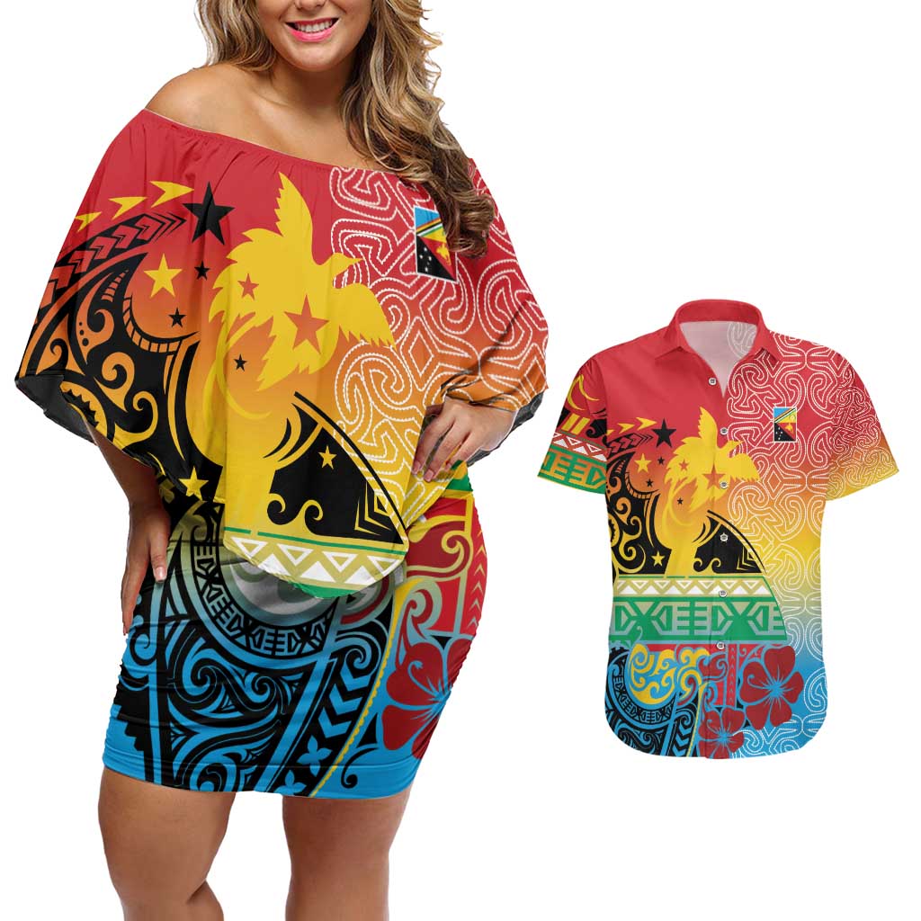 Personalised Torba PNG Day Couples Matching Off Shoulder Short Dress and Hawaiian Shirt Oro Tapa Pattern - Polynesian Pride