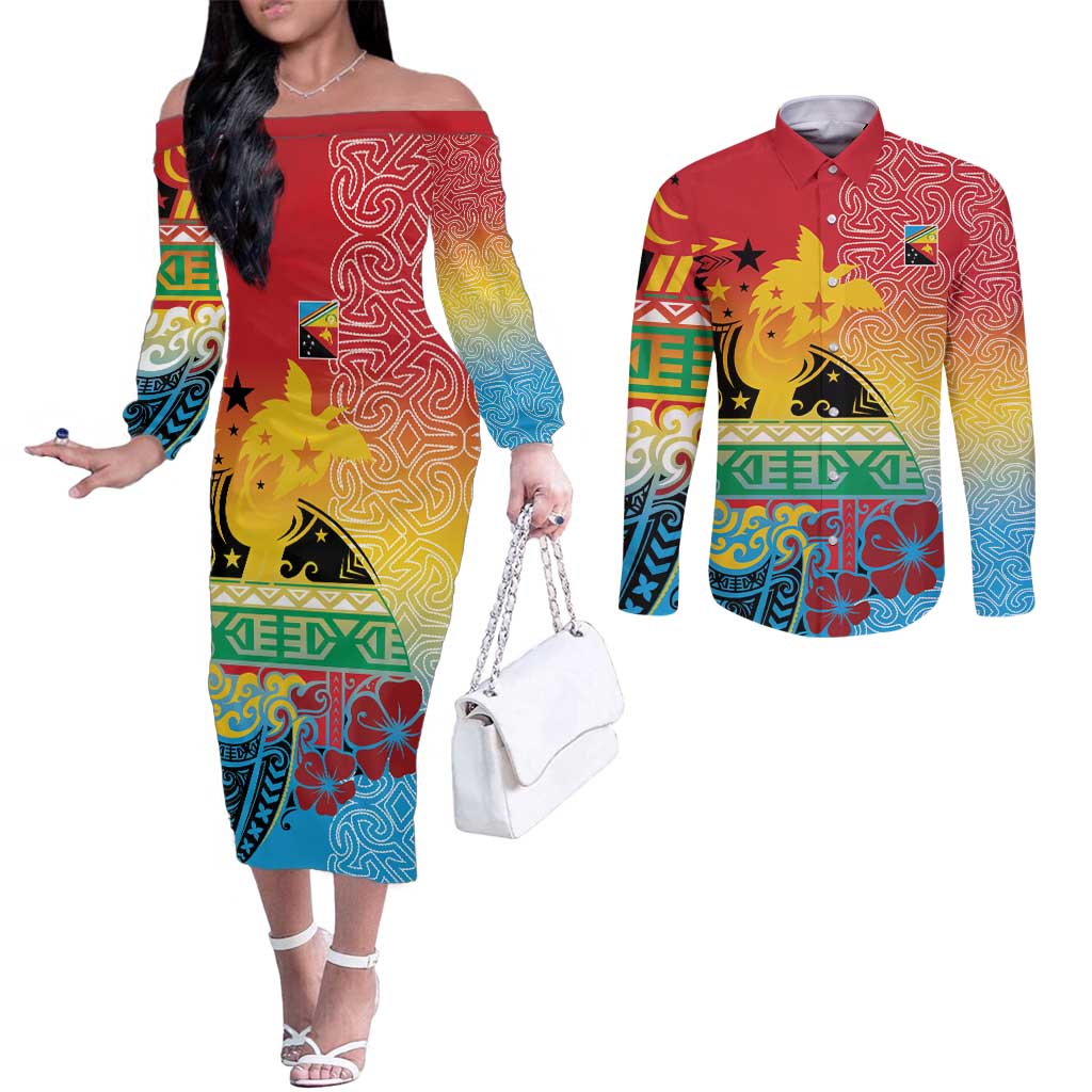 Personalised Torba PNG Day Couples Matching Off The Shoulder Long Sleeve Dress and Long Sleeve Button Shirt Oro Tapa Pattern - Polynesian Pride