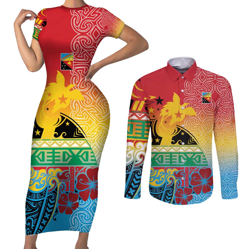 Personalised Torba PNG Day Couples Matching Short Sleeve Bodycon Dress and Long Sleeve Button Shirt Oro Tapa Pattern - Polynesian Pride