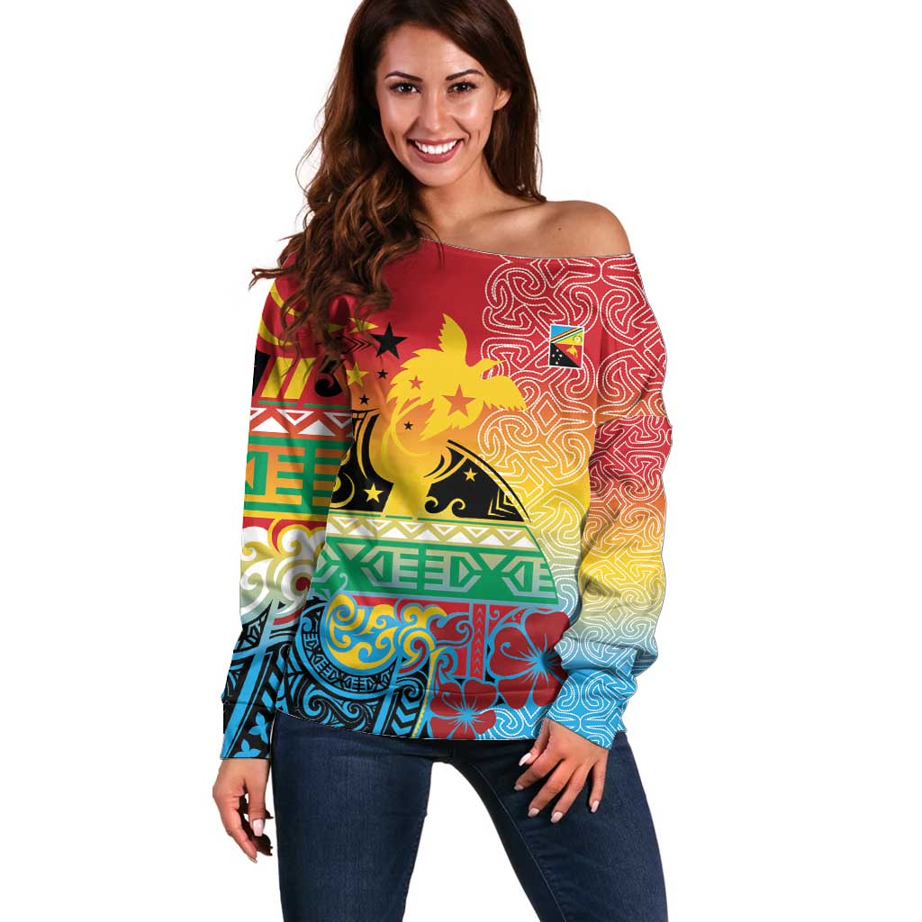Personalised Torba PNG Day Off Shoulder Sweater Oro Tapa Pattern - Polynesian Pride