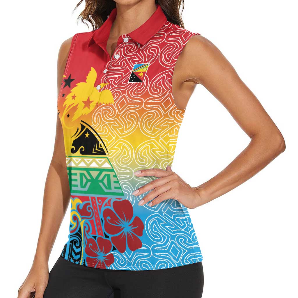 Personalised Torba PNG Day Women Sleeveless Polo Shirt Oro Tapa Pattern - Polynesian Pride