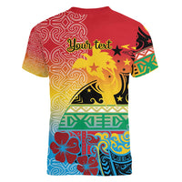 Personalised Torba PNG Day Women V-Neck T-Shirt Oro Tapa Pattern - Polynesian Pride