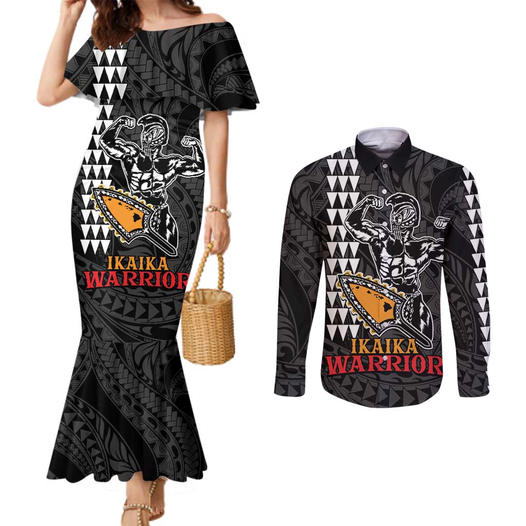 Aloha Spirit Ikaika Warrior Helmet Couples Matching Mermaid Dress and Long Sleeve Button Shirt LT9 Black - Polynesian Pride