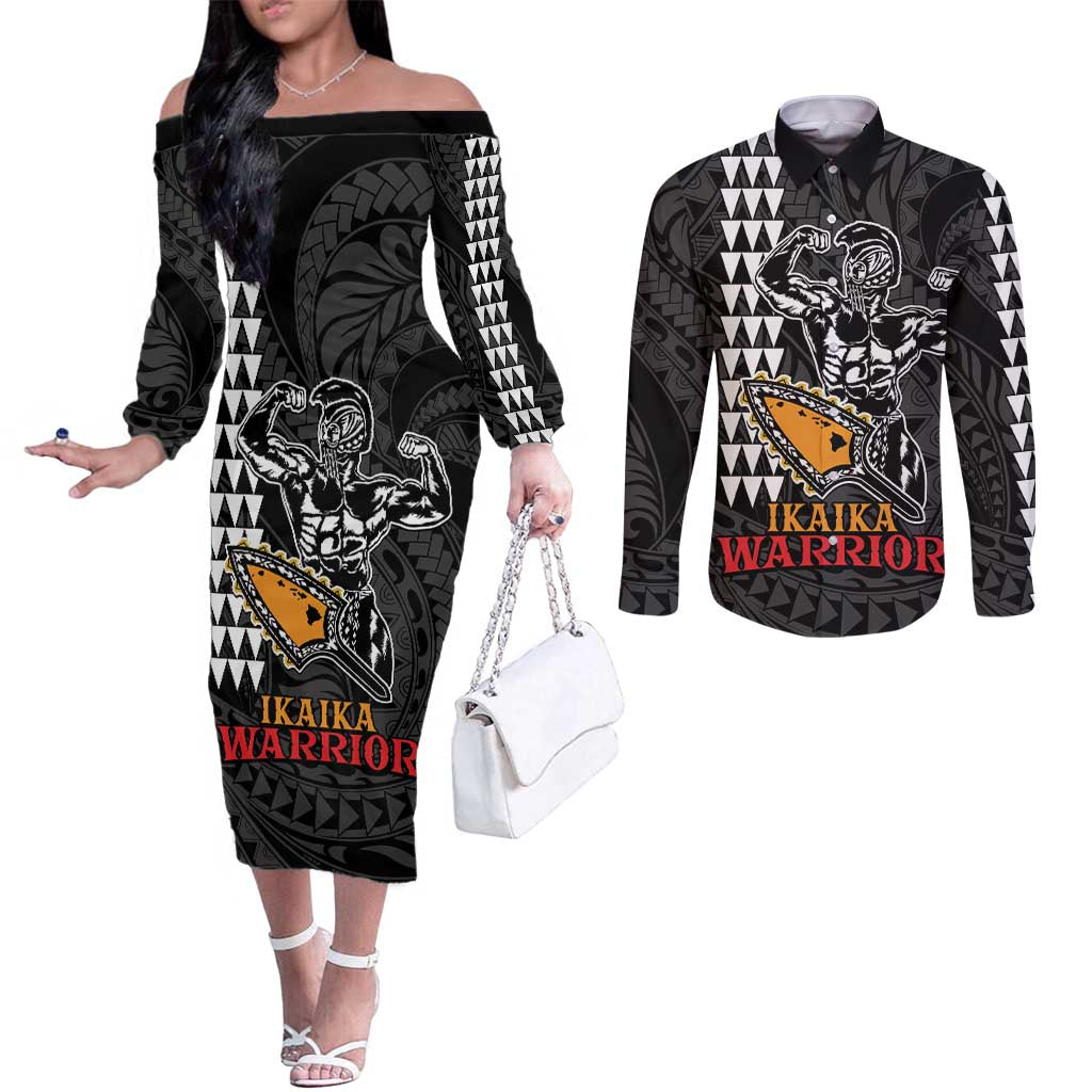 Aloha Spirit Ikaika Warrior Helmet Couples Matching Off The Shoulder Long Sleeve Dress and Long Sleeve Button Shirt