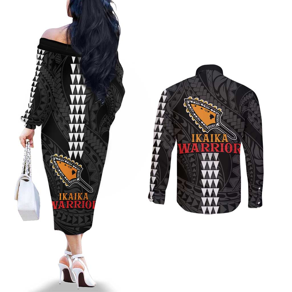 Aloha Spirit Ikaika Warrior Helmet Couples Matching Off The Shoulder Long Sleeve Dress and Long Sleeve Button Shirt