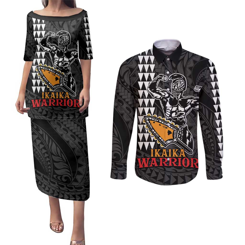 Aloha Spirit Ikaika Warrior Helmet Couples Matching Puletasi and Long Sleeve Button Shirt