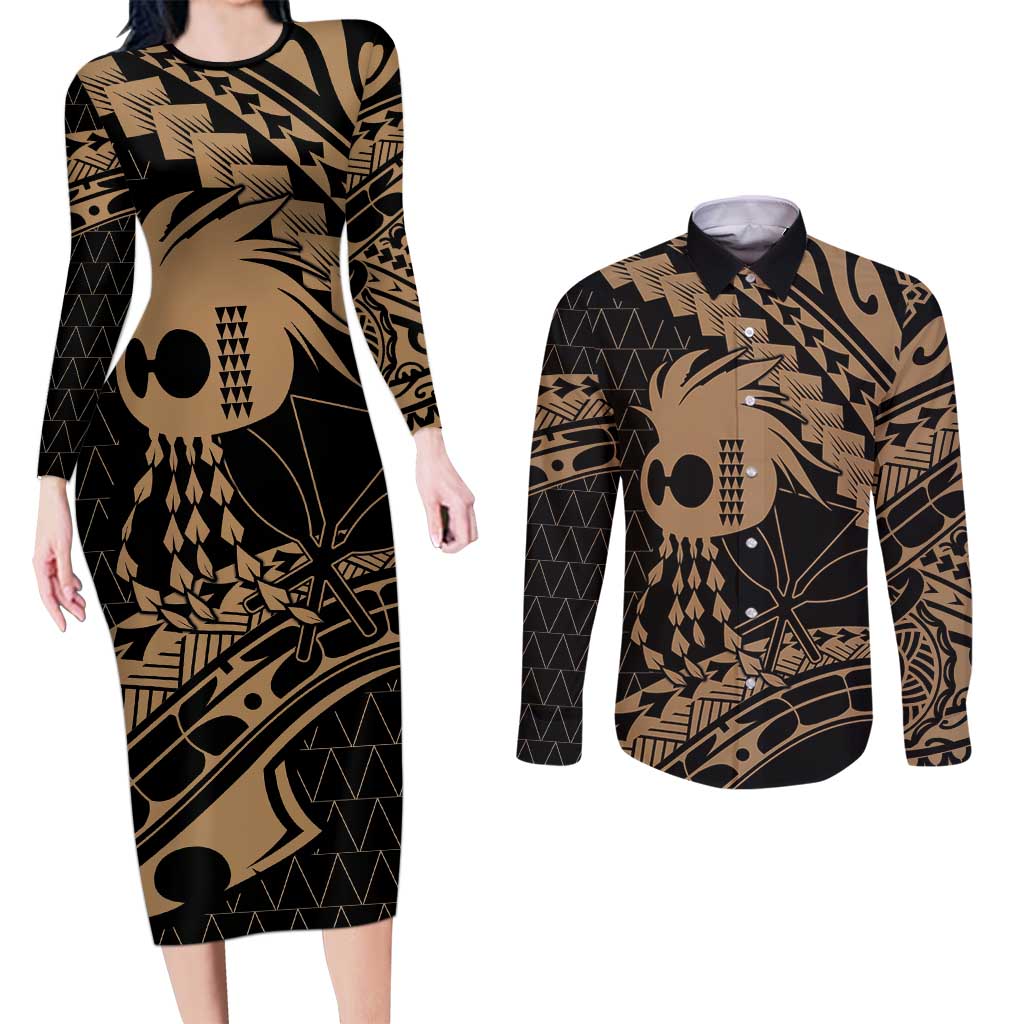 Ikaika Hawaiian Mythic Koa Tribal Warrior Couples Matching Long Sleeve Bodycon Dress and Long Sleeve Button Shirt LT9 Gold - Polynesian Pride