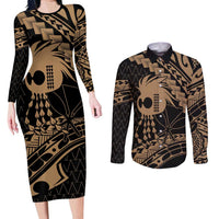 Ikaika Hawaiian Mythic Koa Tribal Warrior Couples Matching Long Sleeve Bodycon Dress and Long Sleeve Button Shirt LT9 Gold - Polynesian Pride