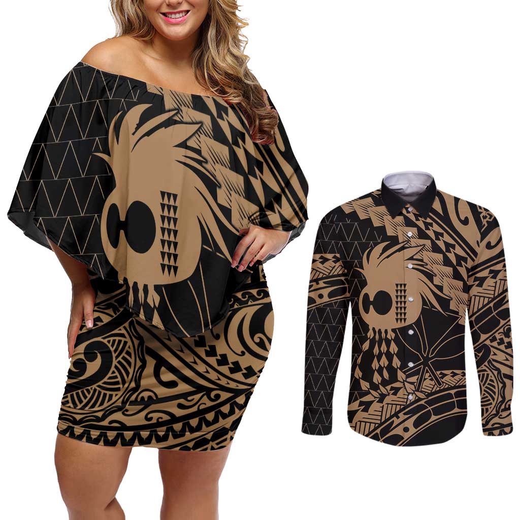Ikaika Hawaiian Mythic Koa Tribal Warrior Couples Matching Off Shoulder Short Dress and Long Sleeve Button Shirt LT9 Gold - Polynesian Pride