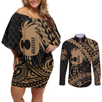 Ikaika Hawaiian Mythic Koa Tribal Warrior Couples Matching Off Shoulder Short Dress and Long Sleeve Button Shirt LT9 Gold - Polynesian Pride