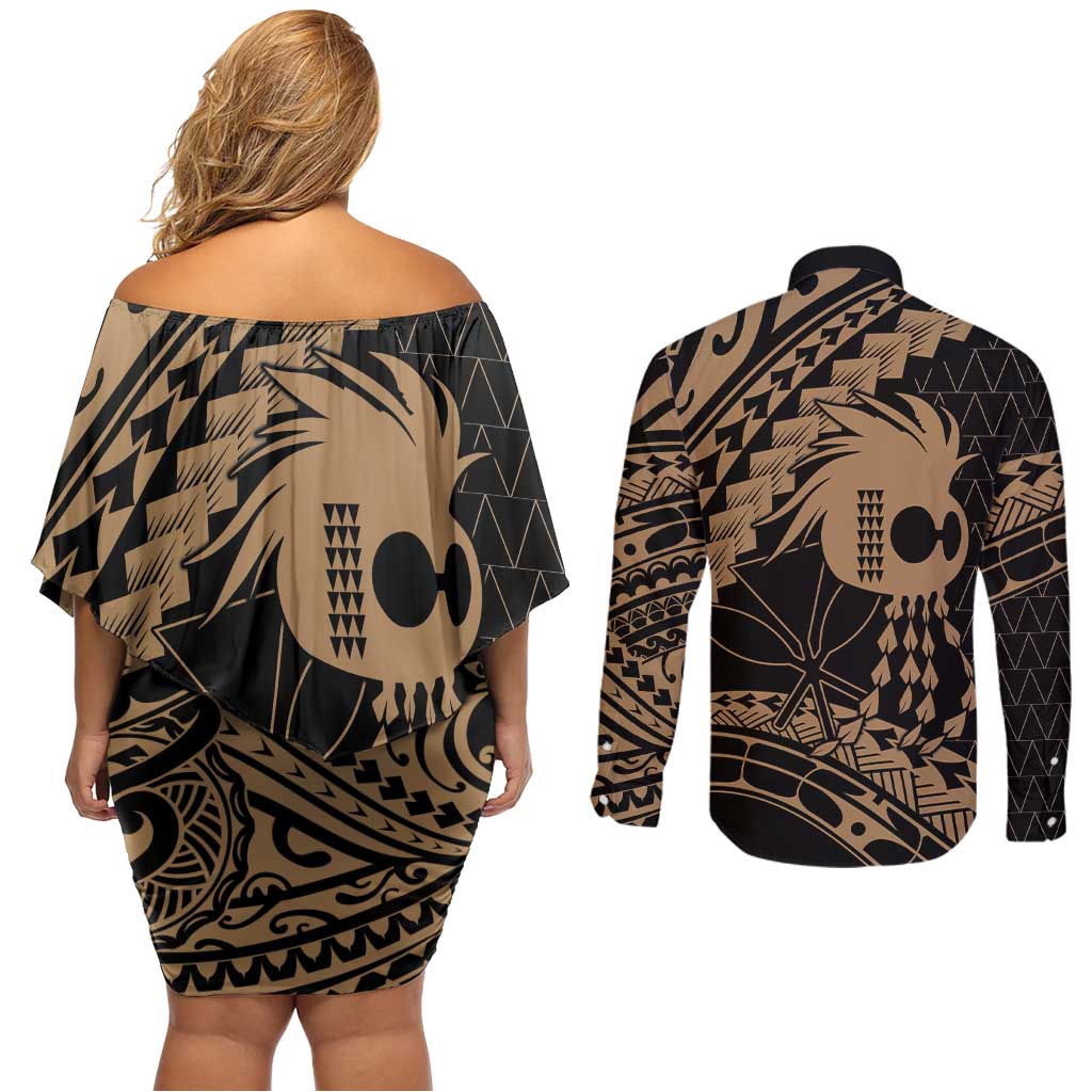 Ikaika Hawaiian Mythic Koa Tribal Warrior Couples Matching Off Shoulder Short Dress and Long Sleeve Button Shirt LT9 - Polynesian Pride