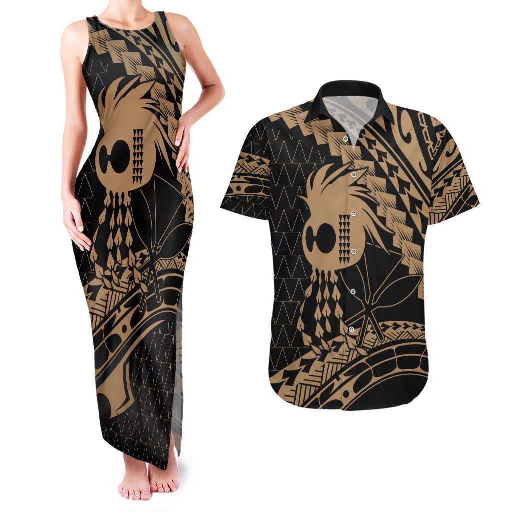 Ikaika Hawaiian Mythic Koa Tribal Warrior Couples Matching Tank Maxi Dress and Hawaiian Shirt LT9 Gold - Polynesian Pride