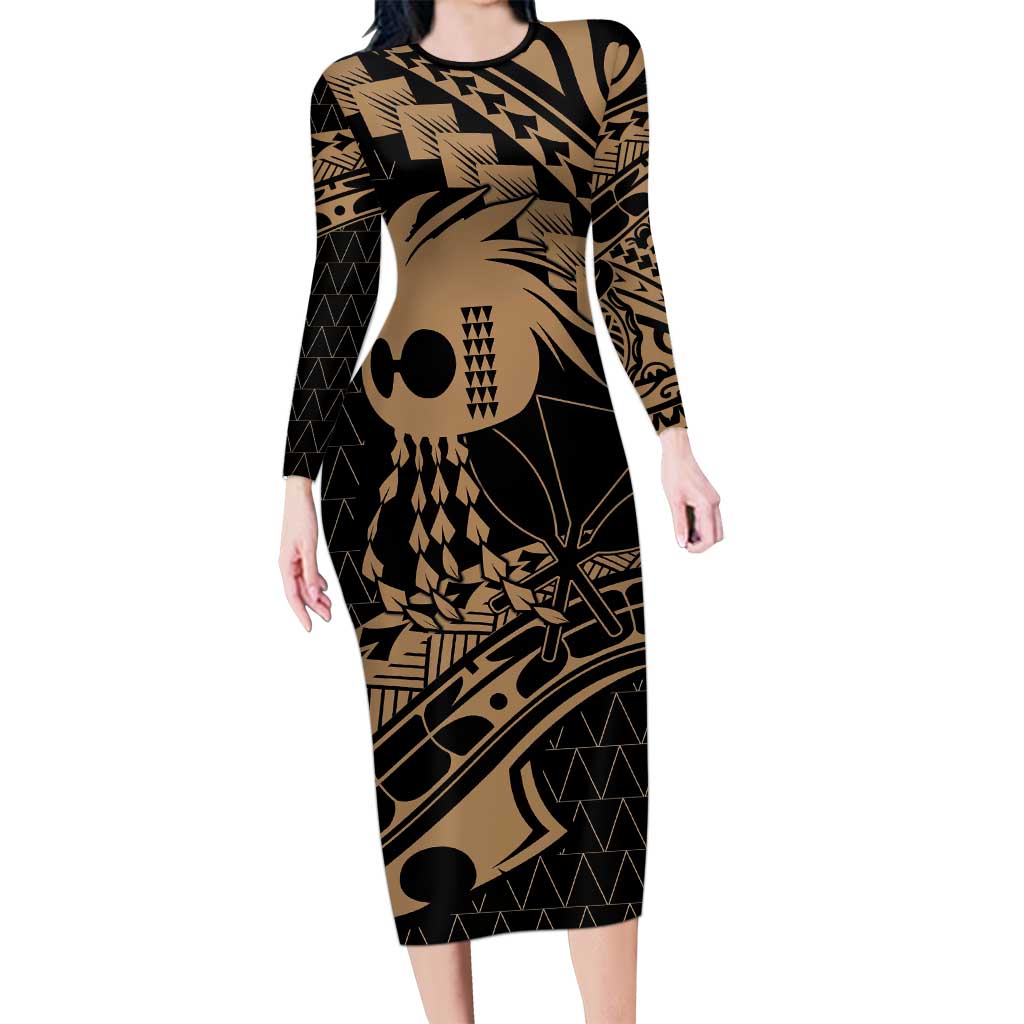 Ikaika Hawaiian Mythic Koa Tribal Warrior Family Matching Long Sleeve Bodycon Dress and Hawaiian Shirt