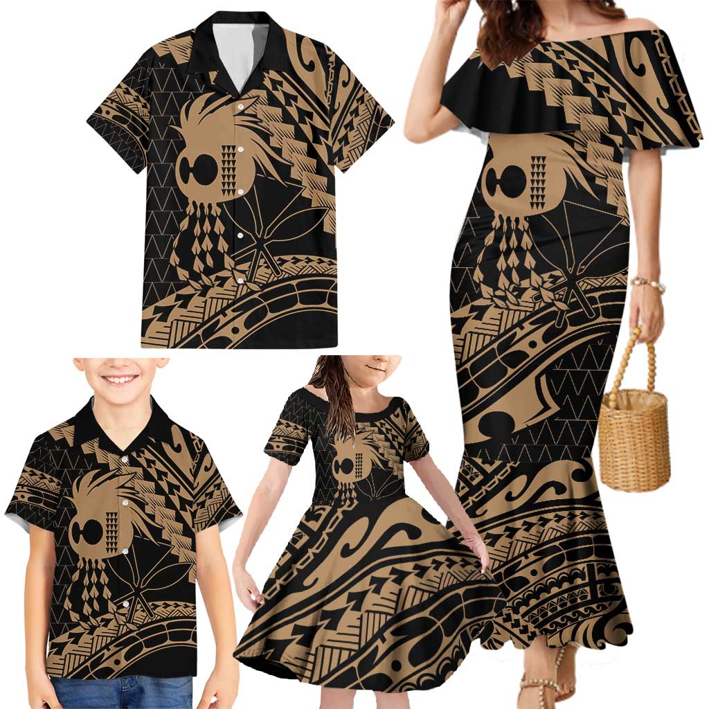 Ikaika Hawaiian Mythic Koa Tribal Warrior Family Matching Mermaid Dress and Hawaiian Shirt