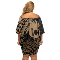 Ikaika Hawaiian Mythic Koa Tribal Warrior Family Matching Off Shoulder Short Dress and Hawaiian Shirt