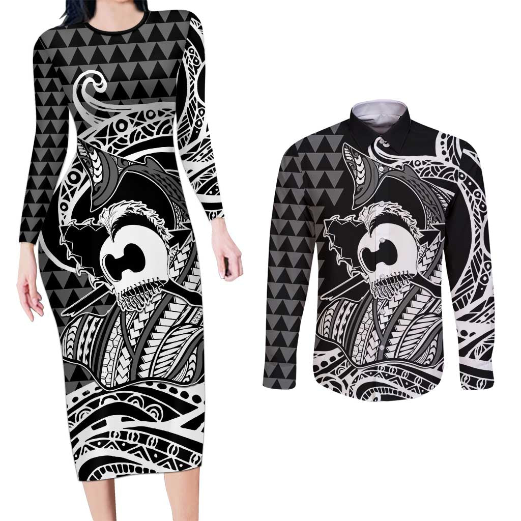 Koa Ikaika Warrior Helmet with Shark Couples Matching Long Sleeve Bodycon Dress and Long Sleeve Button Shirt Black Kakau Style LT9 Black - Polynesian Pride