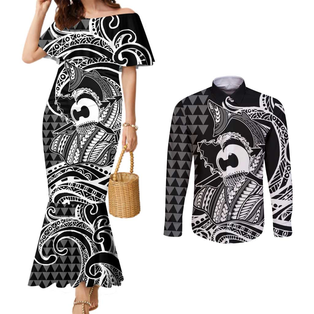 Koa Ikaika Warrior Helmet with Shark Couples Matching Mermaid Dress and Long Sleeve Button Shirt Black Kakau Style