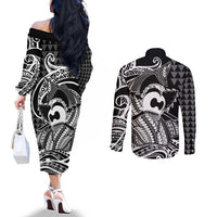 Koa Ikaika Warrior Helmet with Shark Couples Matching Off The Shoulder Long Sleeve Dress and Long Sleeve Button Shirt Black Kakau Style