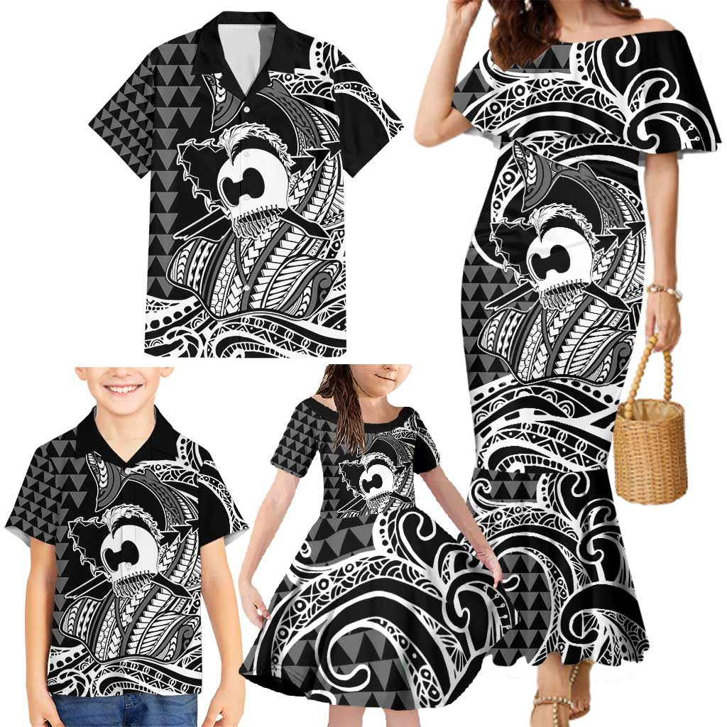 Koa Ikaika Warrior Helmet with Shark Family Matching Mermaid Dress and Hawaiian Shirt Black Kakau Style