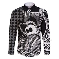 Koa Ikaika Warrior Helmet with Shark Family Matching Off Shoulder Short Dress and Hawaiian Shirt Black Kakau Style