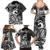 Koa Ikaika Warrior Helmet with Shark Family Matching Summer Maxi Dress and Hawaiian Shirt Black Kakau Style