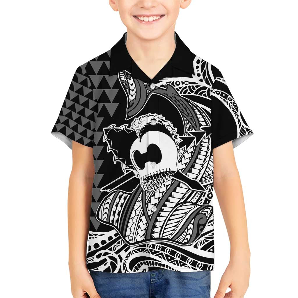 Koa Ikaika Warrior Helmet with Shark Family Matching Summer Maxi Dress and Hawaiian Shirt Black Kakau Style
