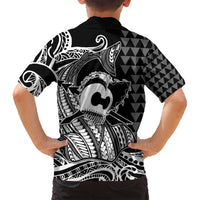 Koa Ikaika Warrior Helmet with Shark Family Matching Tank Maxi Dress and Hawaiian Shirt Black Kakau Style