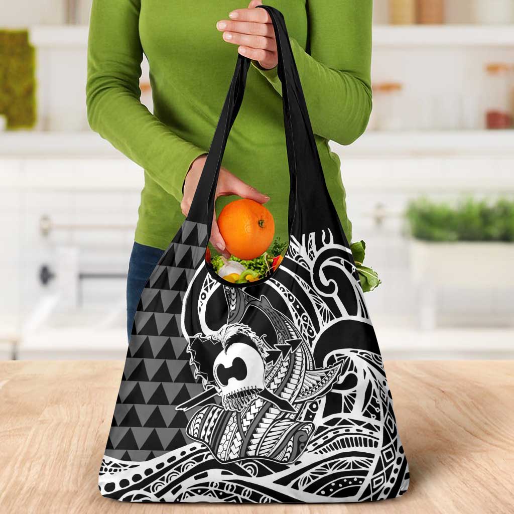 Koa Ikaika Warrior Helmet with Shark Grocery Bag Black Kakau Style