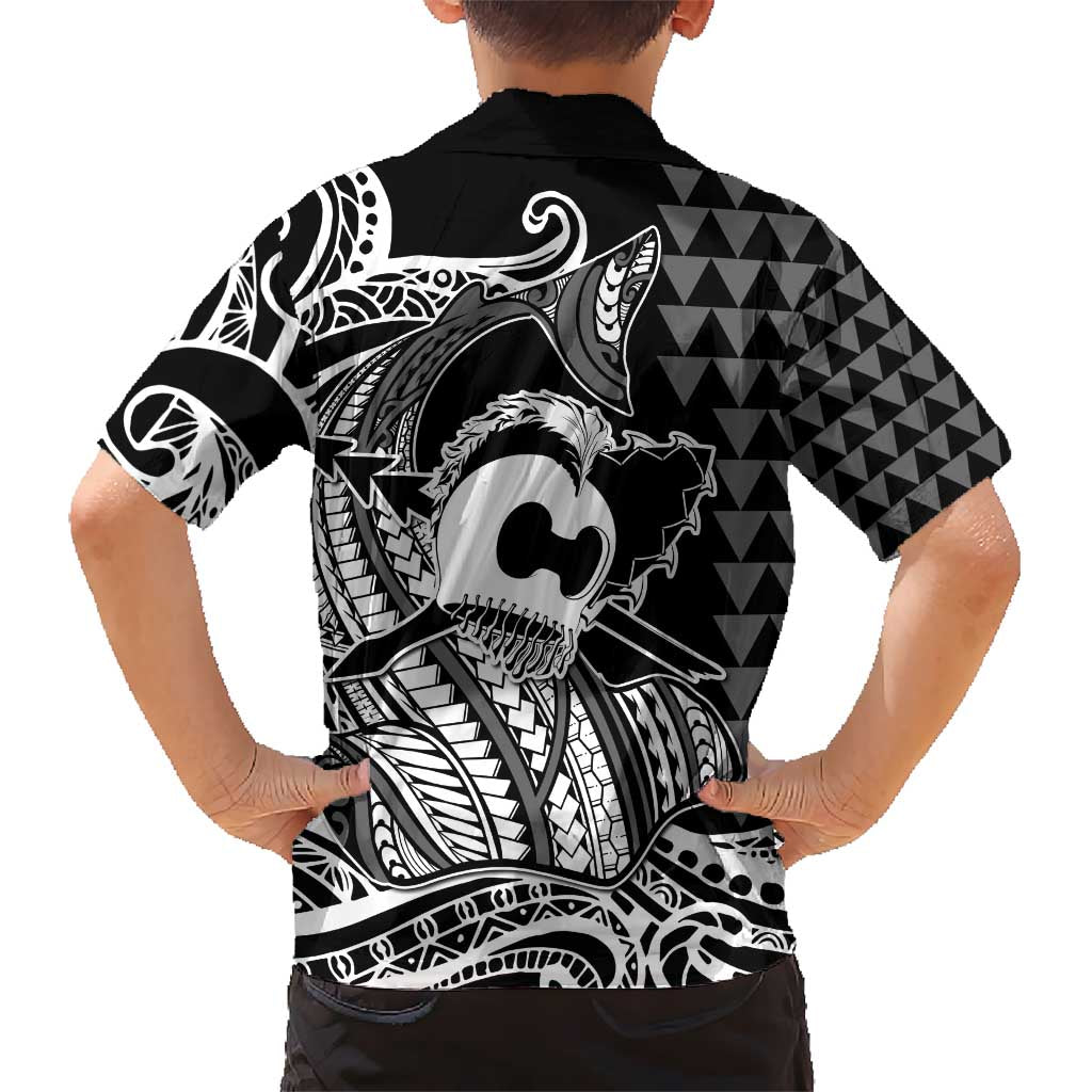 Koa Ikaika Warrior Helmet with Shark Hawaiian Shirt Black Kakau Style