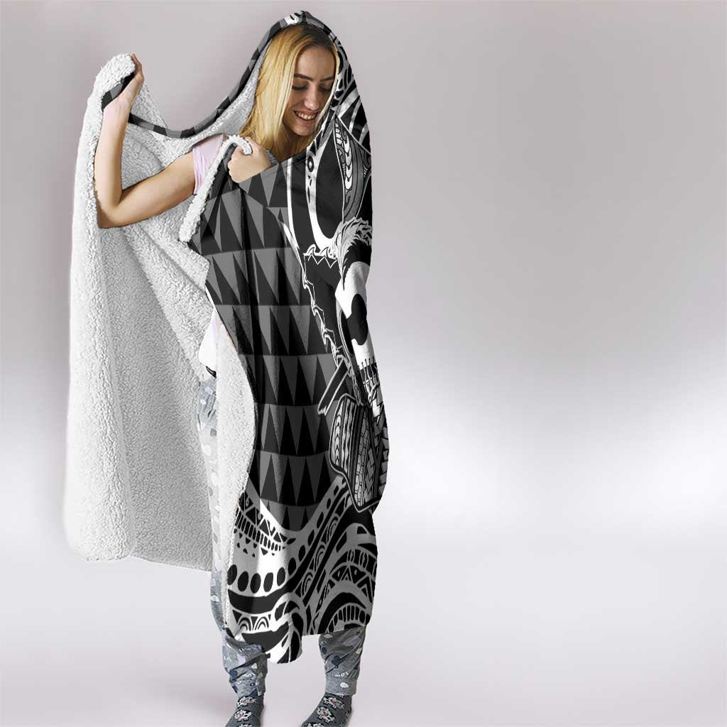 Koa Ikaika Warrior Helmet with Shark Hooded Blanket Black Kakau Style