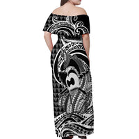 Koa Ikaika Warrior Helmet with Shark Off Shoulder Maxi Dress Black Kakau Style
