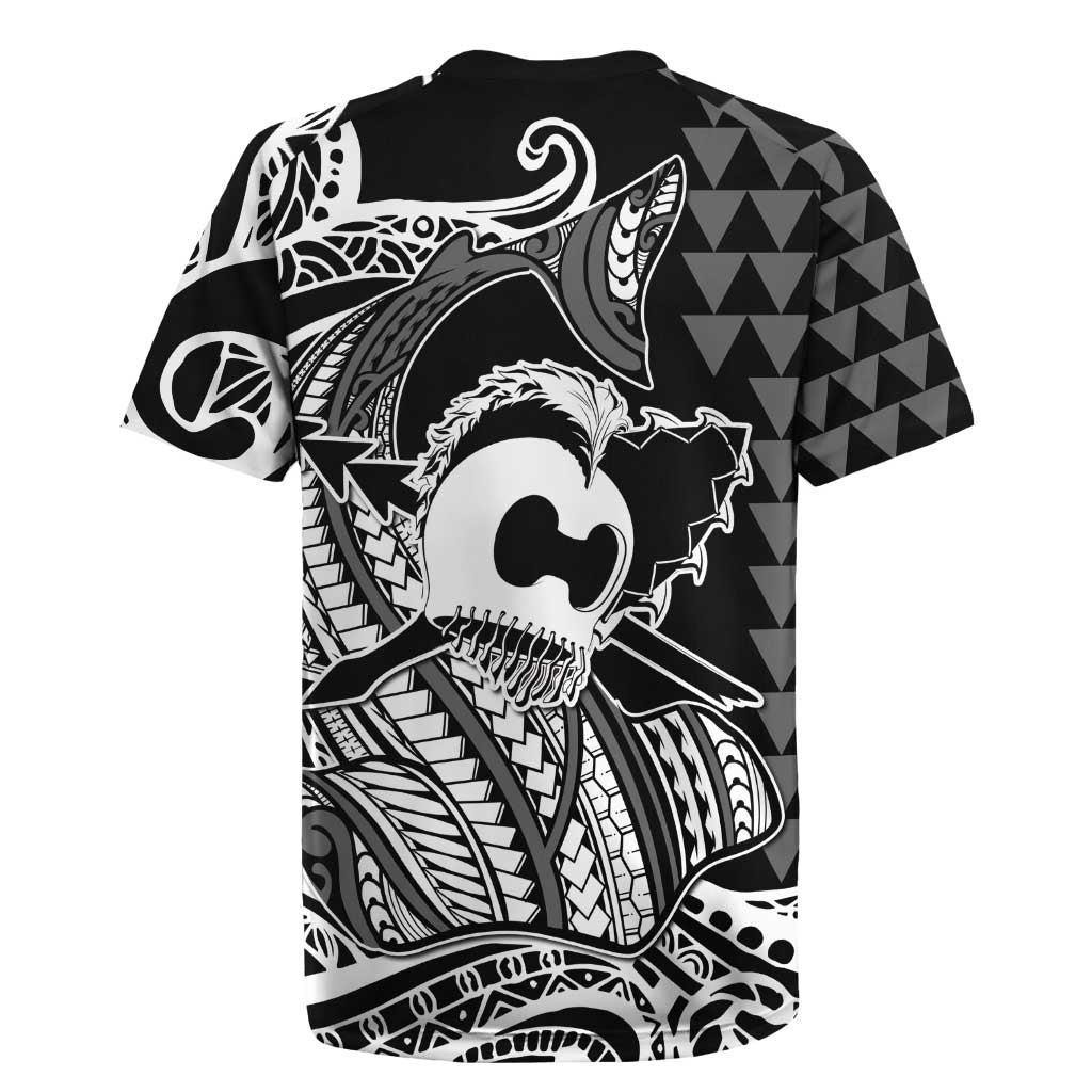 Koa Ikaika Warrior Helmet with Shark Rugby Jersey Black Kakau Style