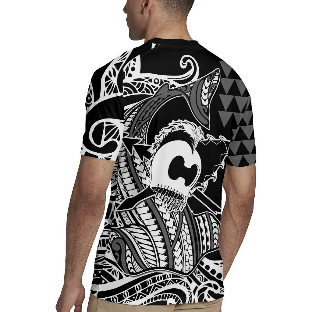 Koa Ikaika Warrior Helmet with Shark Rugby Jersey Black Kakau Style